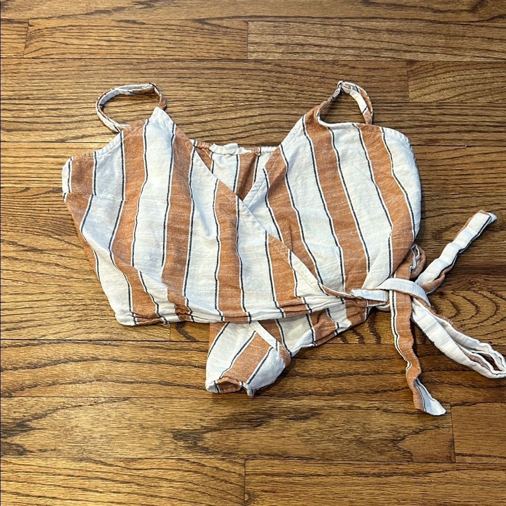 mine Striped Wrap Crop Top in Cream and Brown